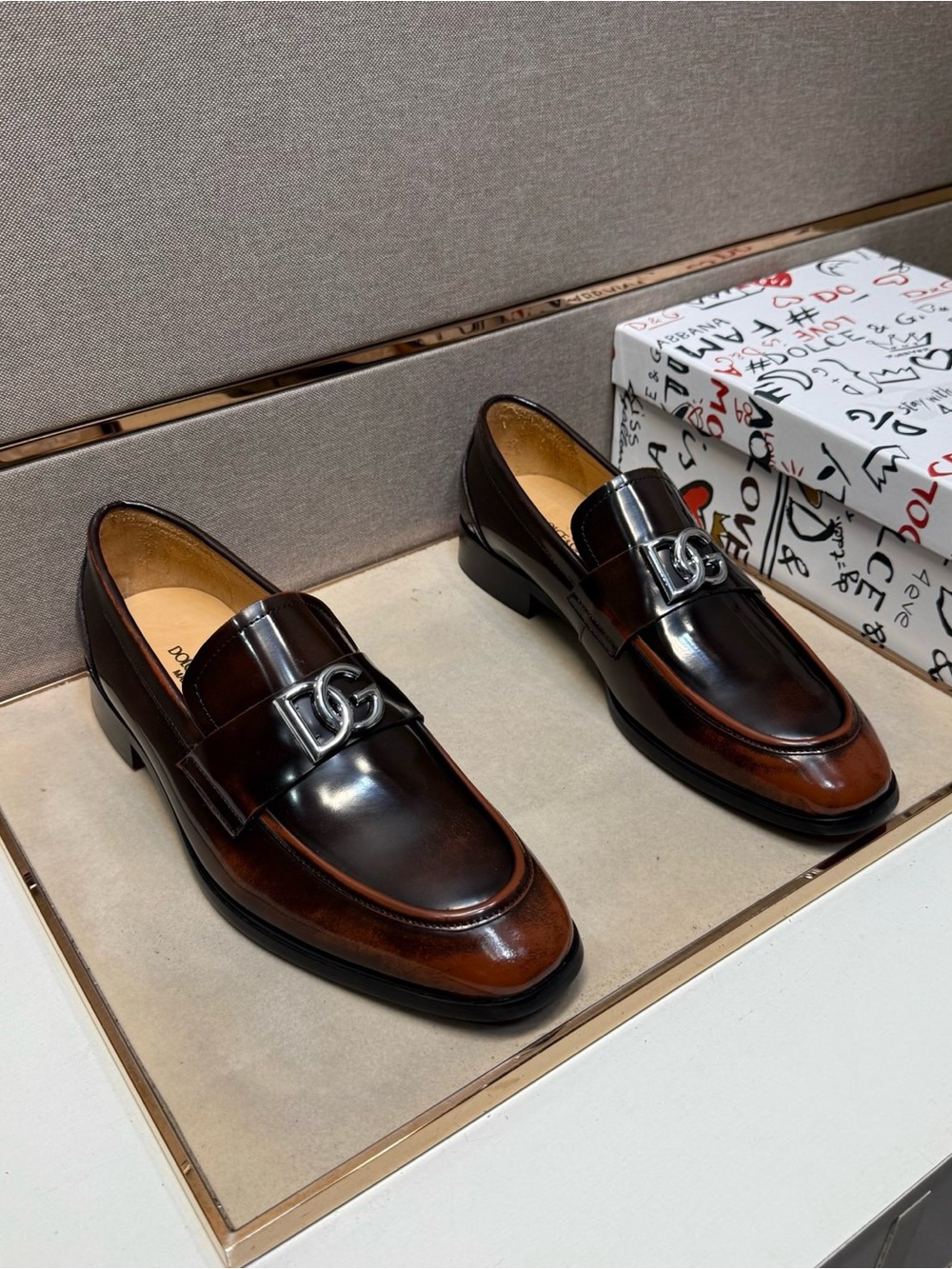 Dolce & Gabbana Brown Leather Penny Loafers with Silver DG Buckle